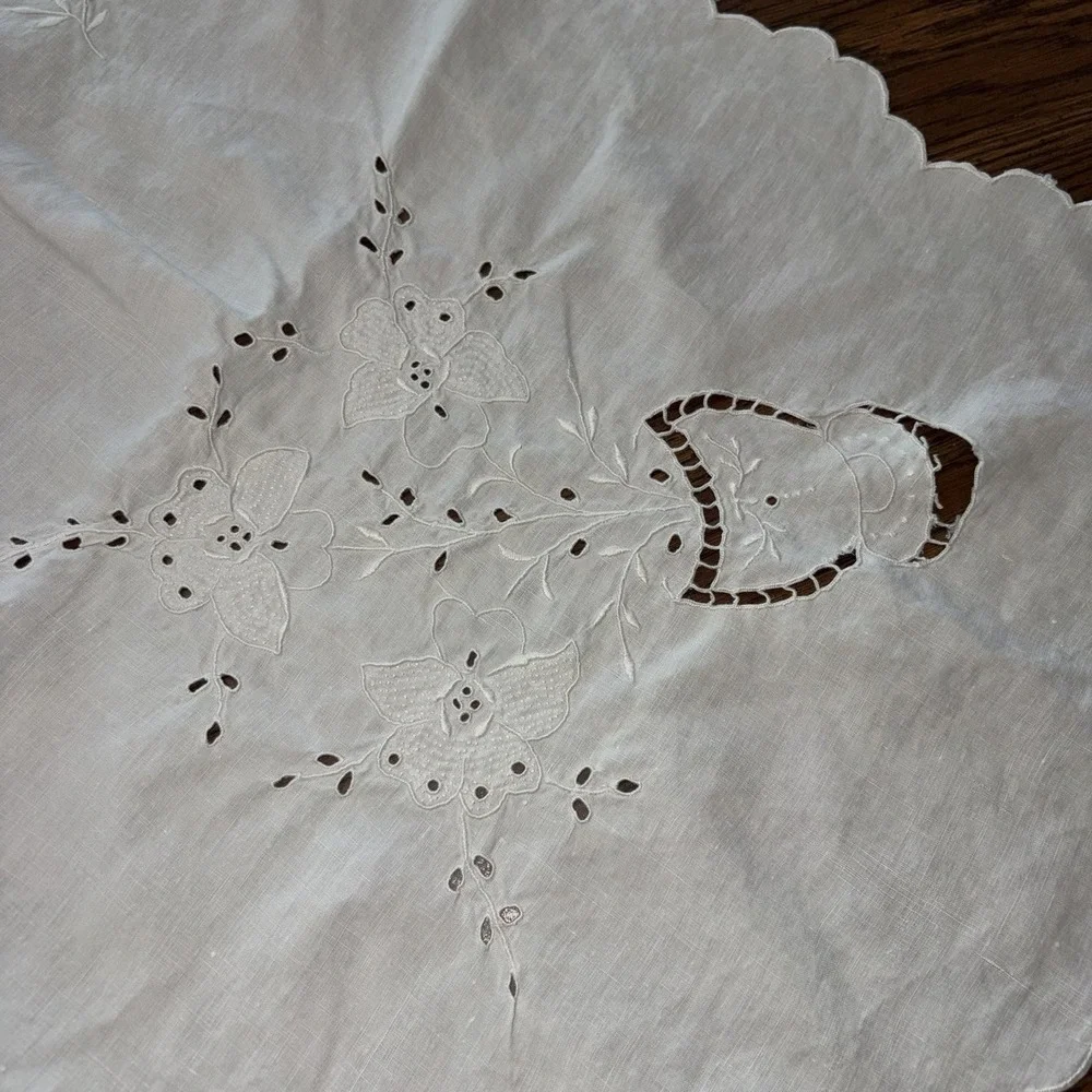 Vintage Madeira Cutwork Linen Tablecloth Floral Urn Scalloped Edge